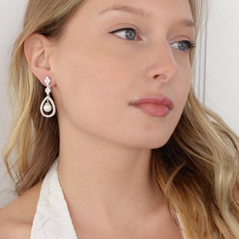 Bridal Pearl Earrings Silver Gold Dangle Vintage Wedding Jewelry for Brides - Picture 3 of 7